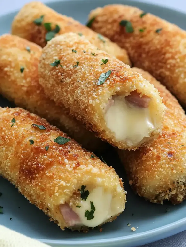 Frittierte und goldbraun gebratene Röllchen gefüllt mit Käse und Schinken, garniert mit frischer Petersilie auf einem blauen Teller.