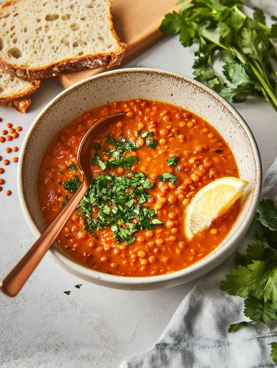Eine Schüssel mit Linsensuppe, garniert mit frischem Koriander und einer Zitronenscheibe, neben einer Scheibe Brot und frischem Koriander.