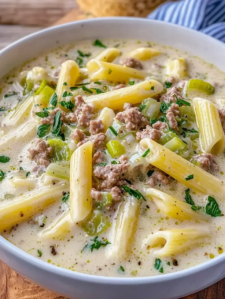 Eine Schüssel mit cremiger Suppe, gefüllt mit Röhrennudeln, Hackfleisch, Sellerie und frischen Kräutern.