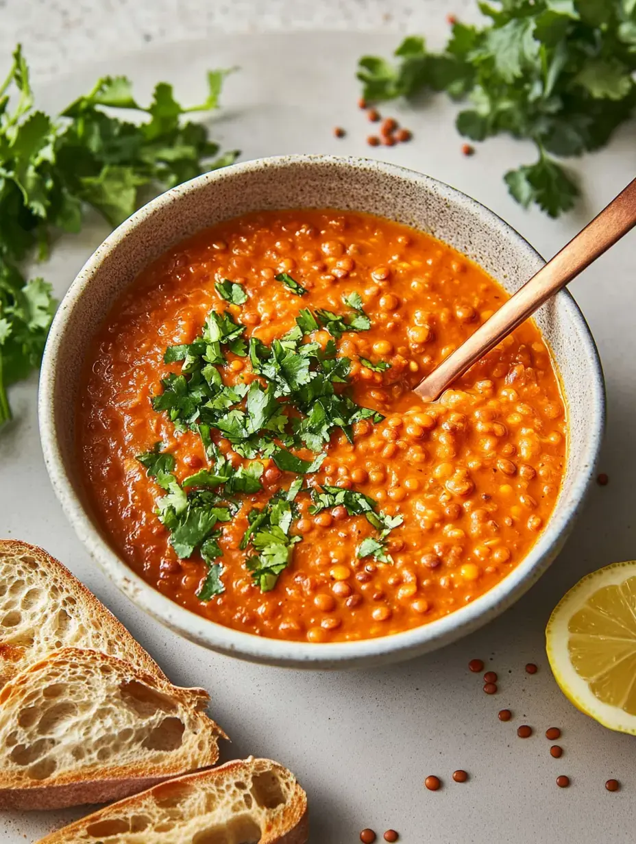 Eine Schüssel mit roter Linsensuppe, garniert mit frischem Koriander, umrundet von Brotscheiben und einer Zitronenscheibe.