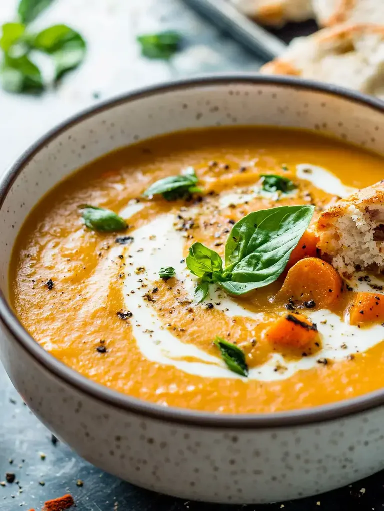 Eine Schüssel mit karottenfarbener Suppe, garniert mit frischem Basilikum und einem Spritzer Creme, steht auf einem Tisch neben Brotstücken.