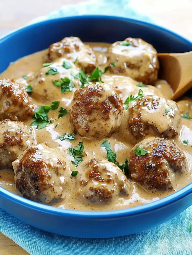 Eine Schüssel mit köstlichen, in einer cremigen Sauce servierten Fleischbällchen, garniert mit frischer Petersilie.