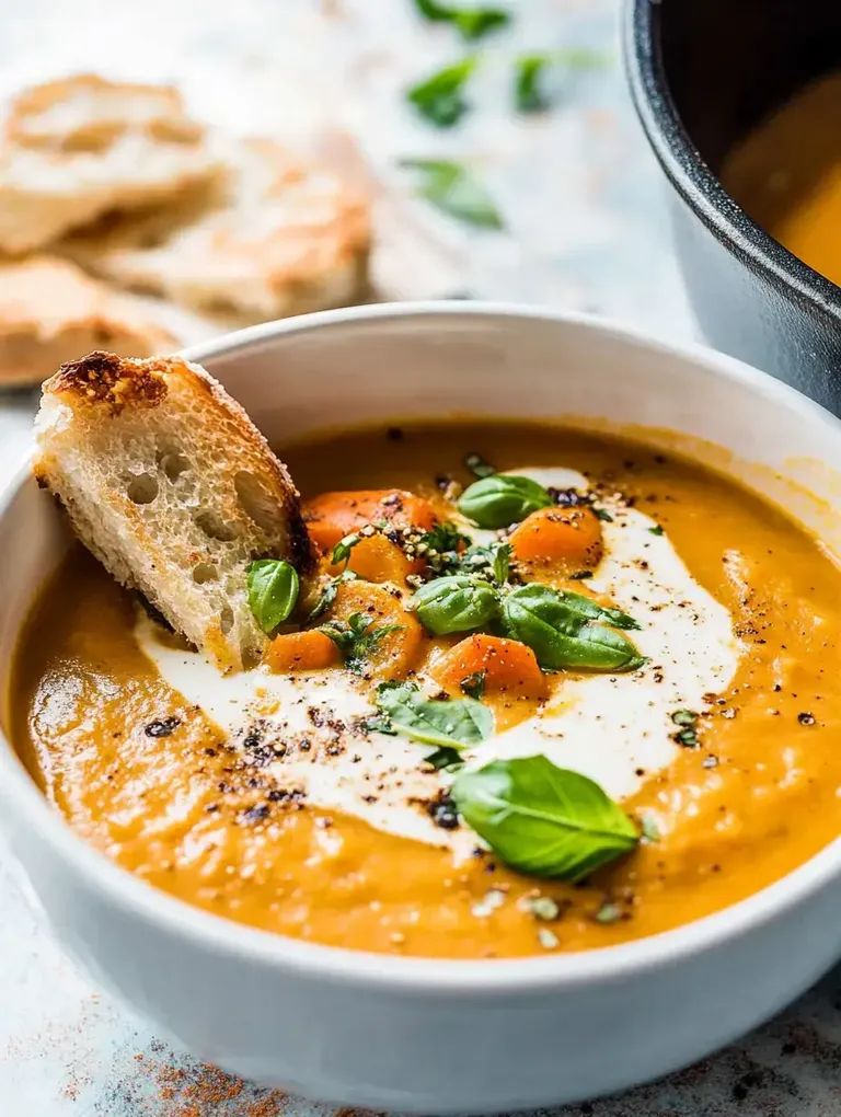 Eine Schale mit Kürbiscremesuppe, garniert mit frischem Basilikum, Sahne und einem Stück Brot.
