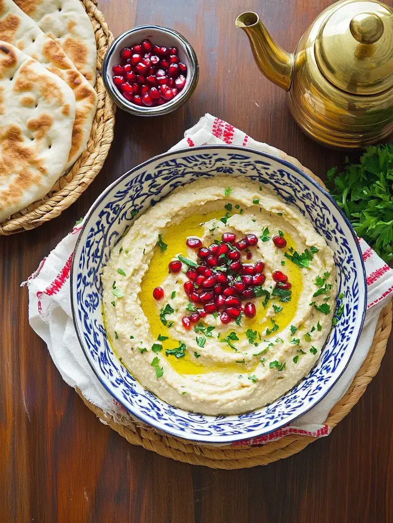 Eine Schüssel Hummus mit Granatapfelkernen und Olivenöl, umgeben von Fladenbrot und einer Teekanne.