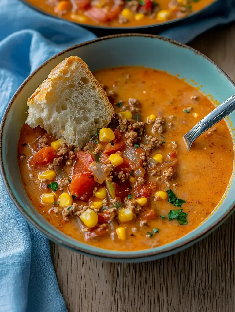 Eine Schüssel mit herzhaftem Eintopf, der Hackfleisch, Mais, Tomaten und frische Kräuter enthält, mit einem Stück Brot zum Dippen.