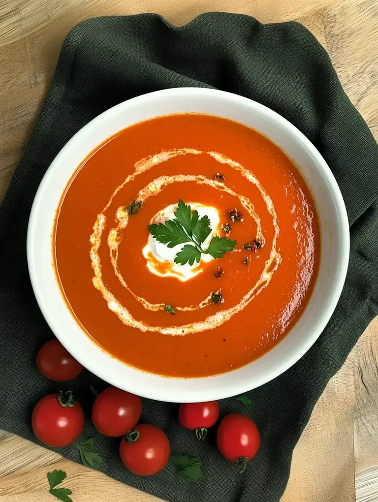 Eine Schüssel mit roter Tomatensuppe, garniert mit einem Klecks Sahne, frischer Petersilie und umgeben von kleinen aromatischen Tomaten.