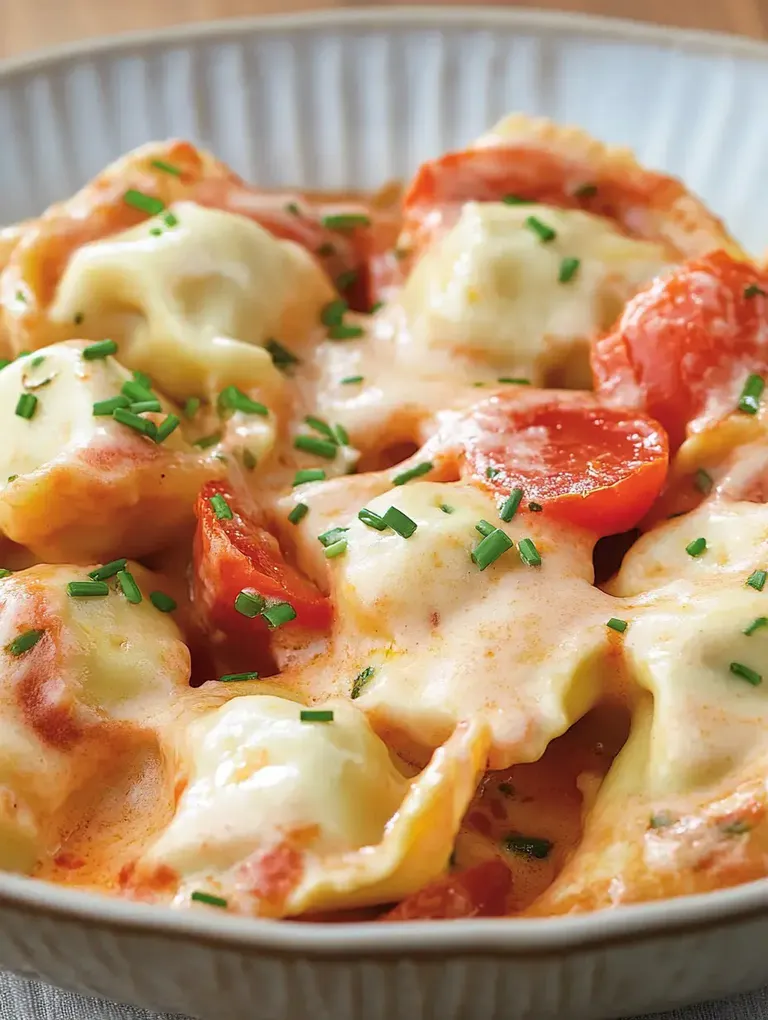 Ein Teller gefüllter Teigtaschen mit geschmolzenem Käse und Kirschtomaten, garniert mit Schnittlauch.