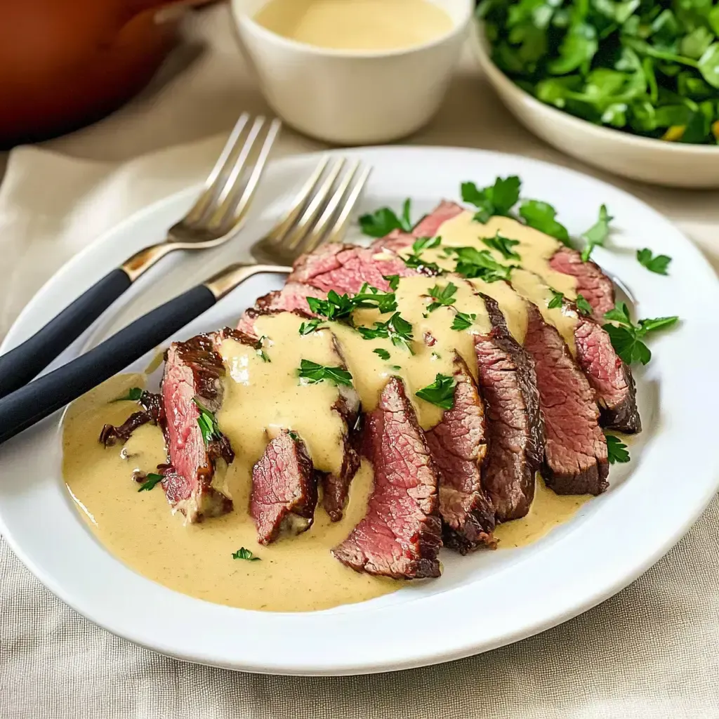 Ein Teller mit in Scheiben geschnittenem Rindfleisch, garniert mit einer cremigen Sauce und frischen Kräutern, daneben eine Schüssel mit grünem Salat.