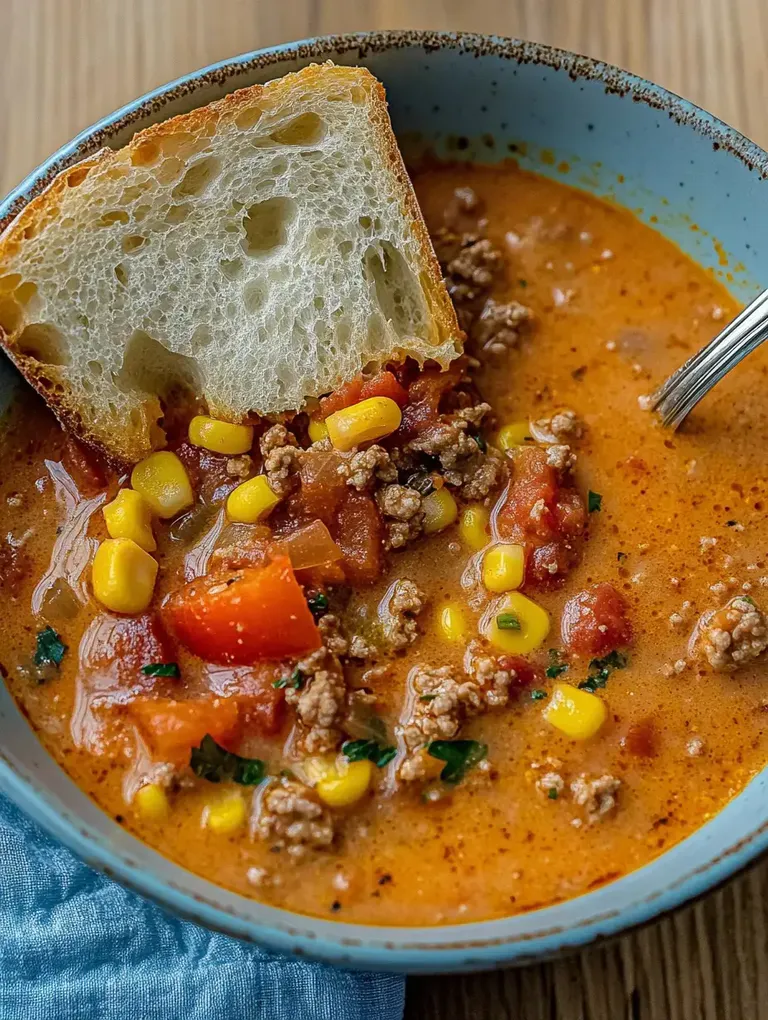 Eine Schüssel mit herzhafter Suppe, gefüllt mit Hackfleisch, Tomaten, Mais und frischen Kräutern, begleitet von einer Scheibe Brot.
