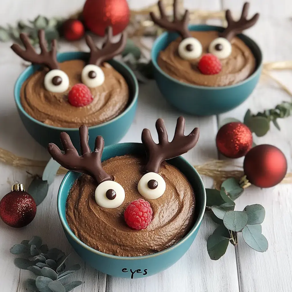 Drei Schüsseln mit Schokoladencreme, dekoriert mit Rentier-Gesichtern aus Schokolade, Sahne und Himbeeren, in weihnachtlicher Atmosphäre.