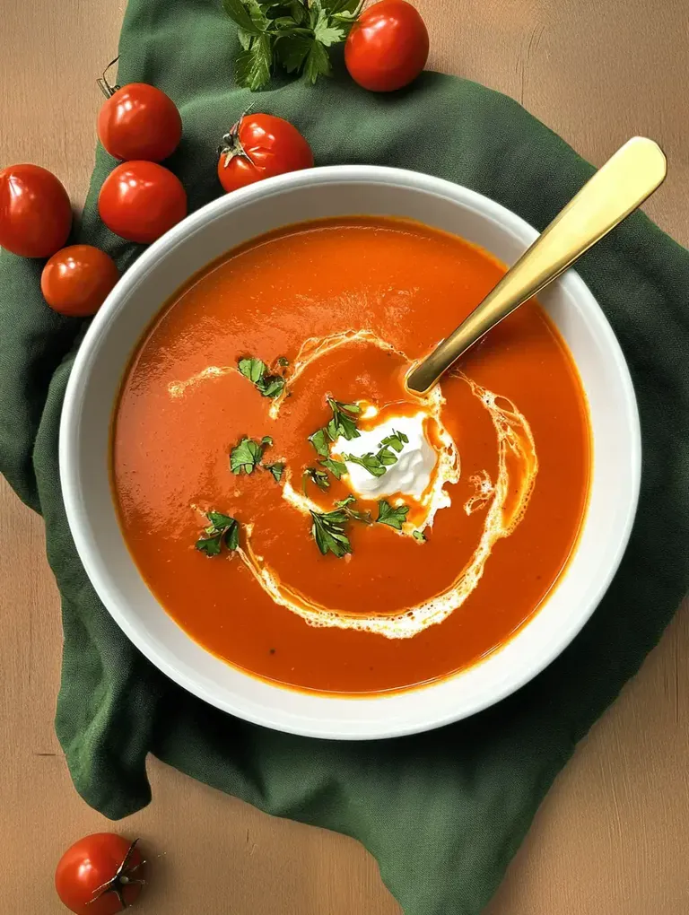Eine Schüssel tomatensuppe mit einem Klecks Sahne und frischem Koriander, umgeben von roten Tomaten und einem grünen Tuch.