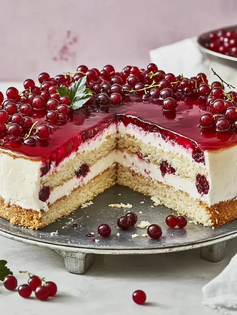 Ein schichtiger Kuchen mit rotem Johannisbeer-Gelee, Sahnefüllung und frischen Johannisbeeren oberhalb, von dem ein Stück herausgeschnitten wurde.