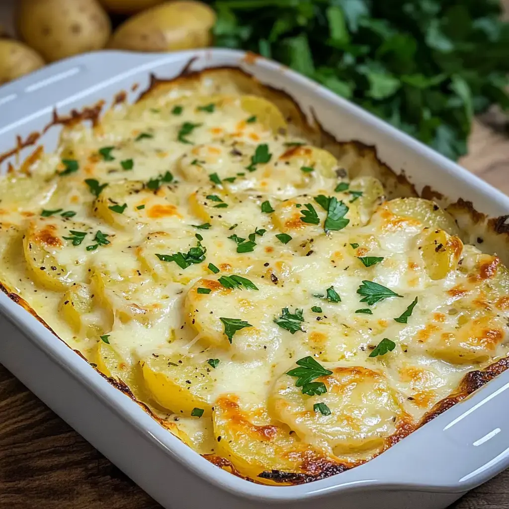 Ein cremiger Kartoffelauflauf mit Käse und frischen Kräutern, serviert in einer weißen Auflaufform.