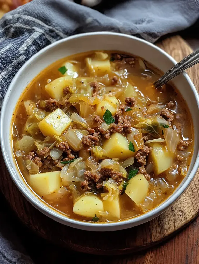 Eine Schüssel mit Kartoffelsuppe, angerichtet mit Hackfleisch und Kohl, auf einem Holzbrett.