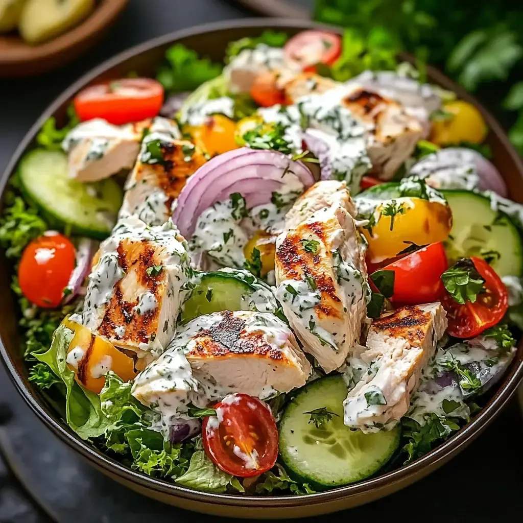 Ein bunter Salat mit gegrilltem Hähnchen, Gurken, Tomaten, roten Zwiebeln und einem cremigen Kräuterdressing.