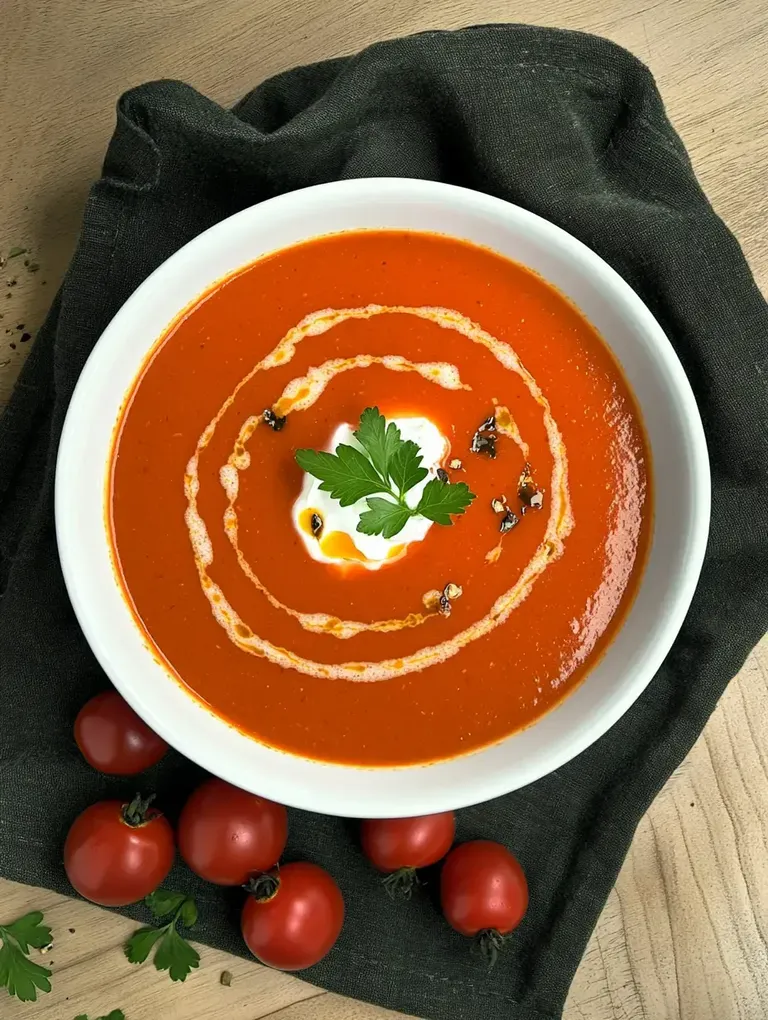 Eine Schüssel Tomatensuppe mit einem Klecks Sahne, einem Spritzer Öl und frischer Petersilie, umgeben von mehreren Kirschtomaten.