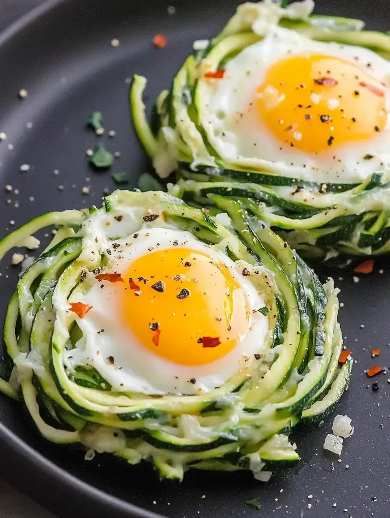 Zwei zubereitete Zucchini-Ringe mit einem Spiegelei in der Mitte, garniert mit Gewürzen auf einem schwarzen Teller.