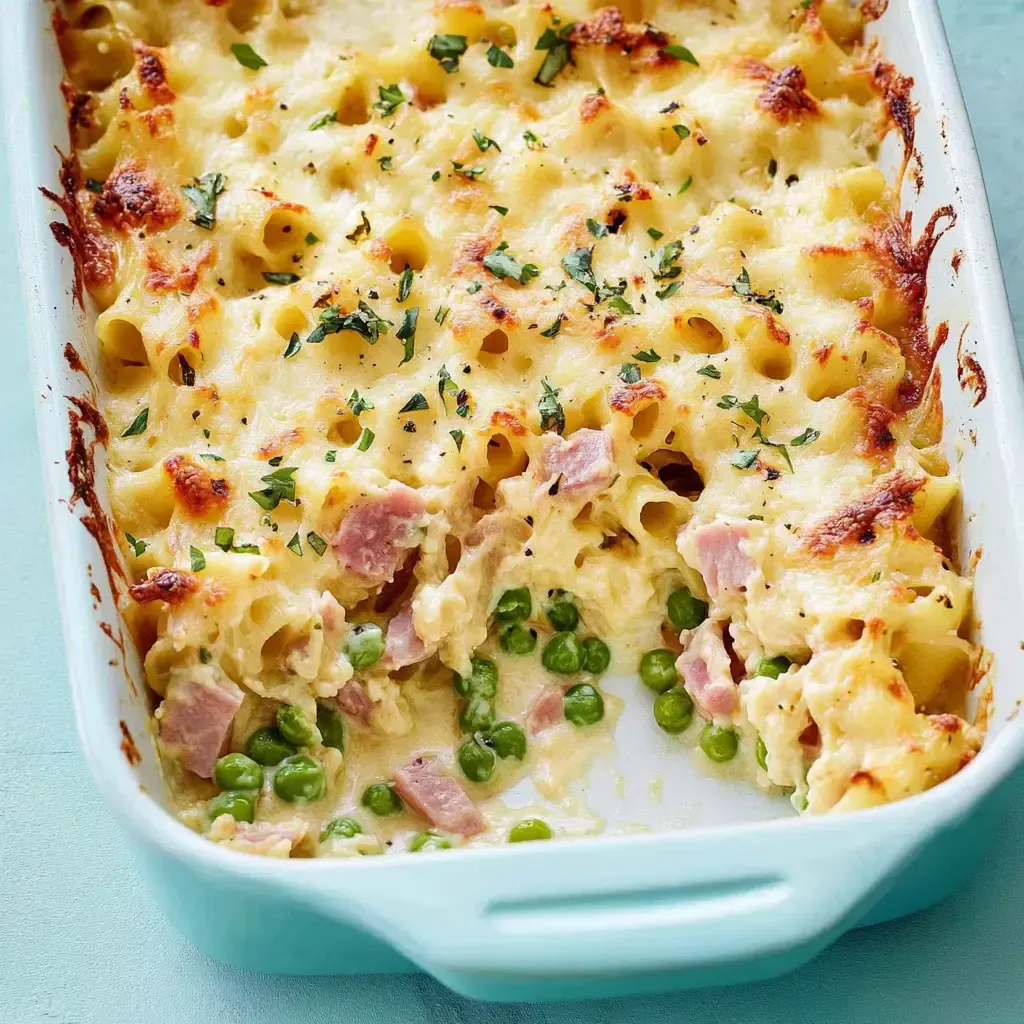 Ein Auflauf mit Makkaroni, Schinken, Erbsen und geschmolzenem Käse, garniert mit frischen Kräutern.