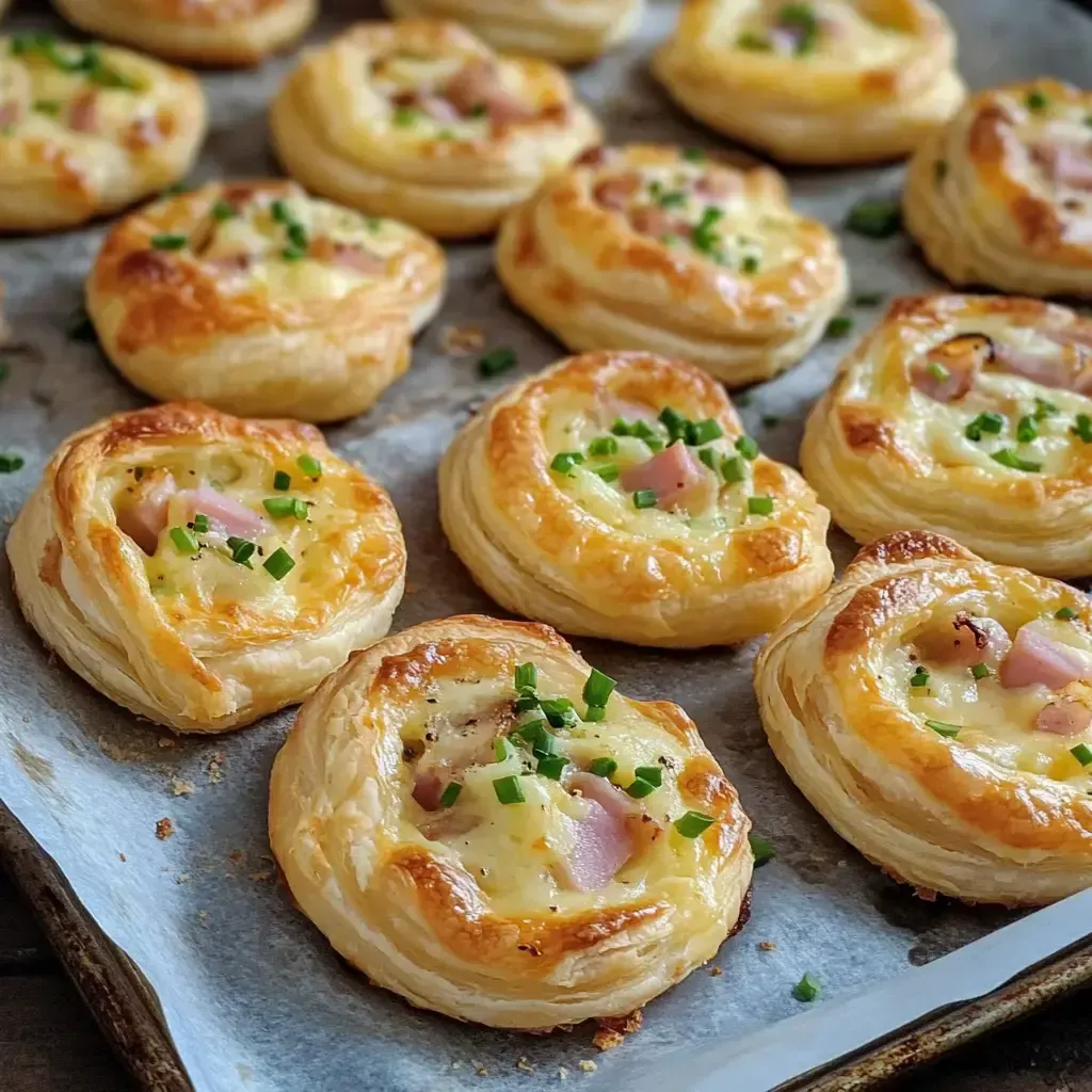 Eine Blechaufnahme von goldbraunen, gefüllten Blätterteigschnecken mit Schinken und Schnittlauch.