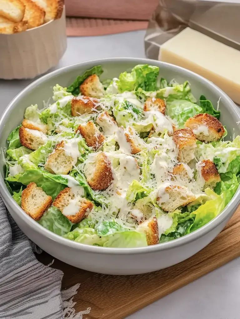 Eine Schüssel mit Caesar-Salat, der aus Römersalat, Croutons und einer cremigen Soße besteht und mit geriebenem Käse garniert ist.