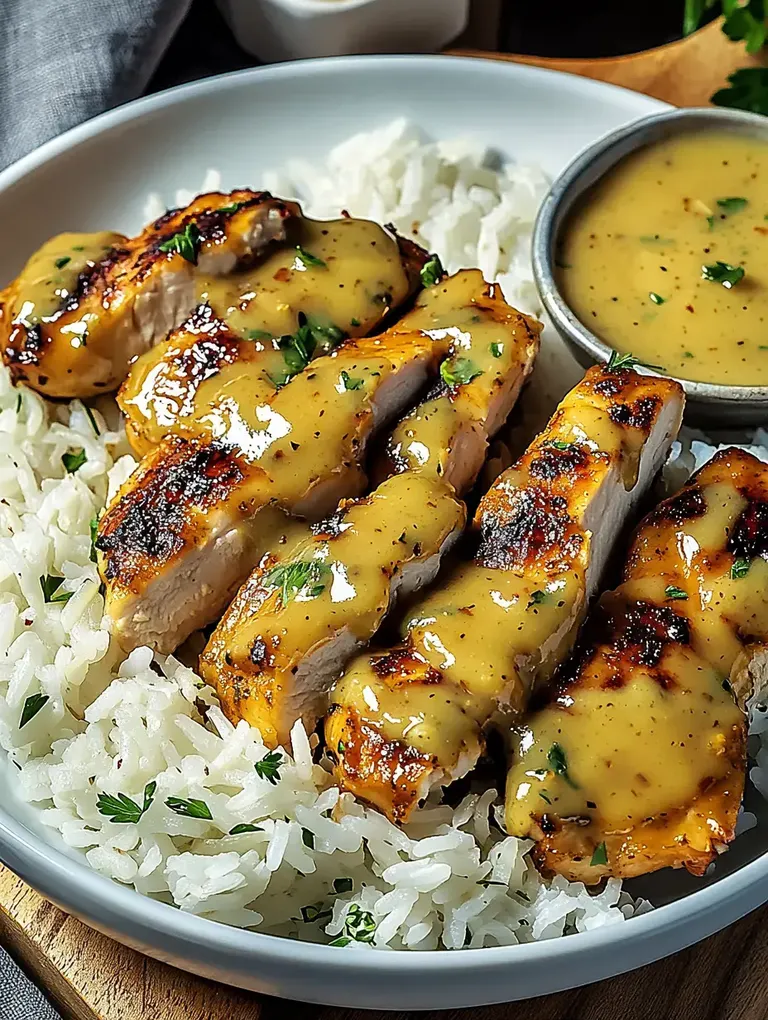 Gegrilltes Hähnchenfilet mit einer cremigen Sauce auf einer Bettschicht aus Basmatireis.