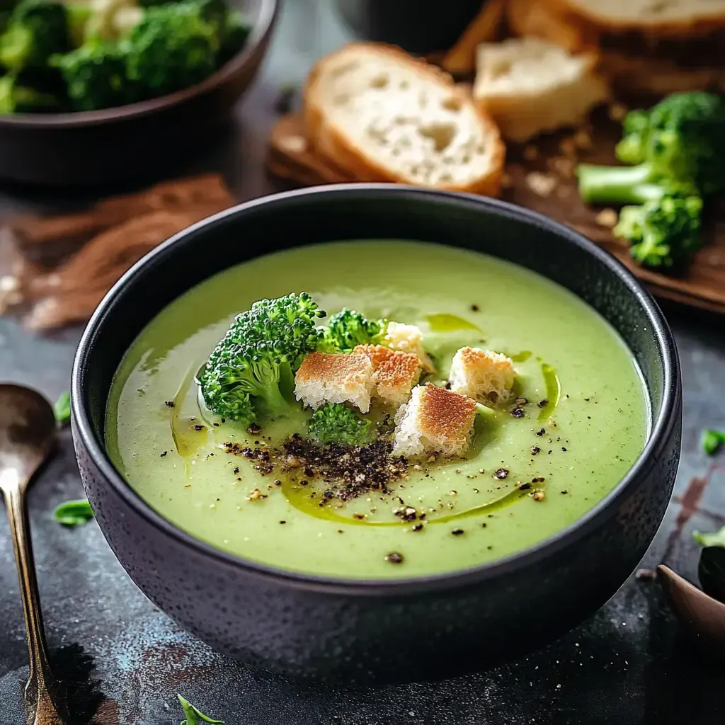 Eine Schüssel Brokkolicremesuppe garnierte mit Brokkoliröschen, geröstetem Brot und schwarzem Pfeffer.