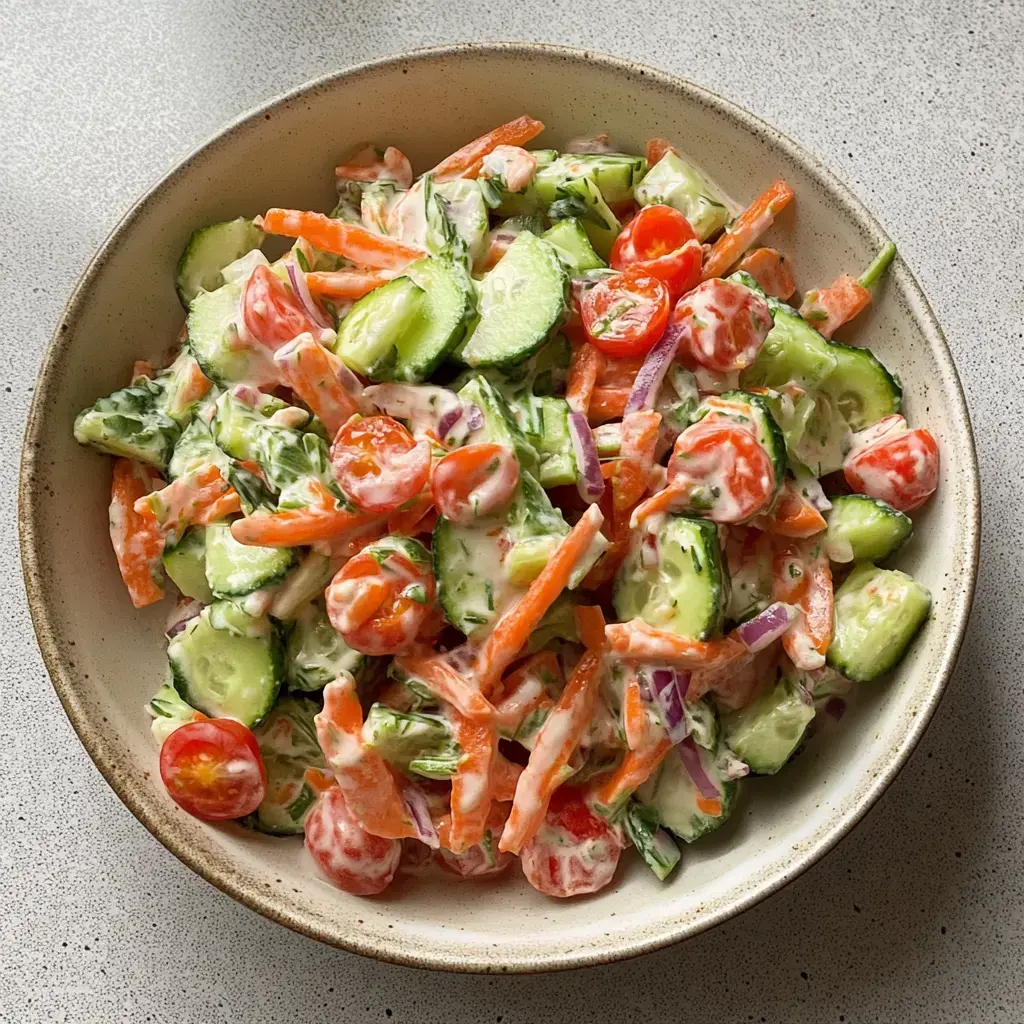 Eine Schüssel mit einem bunten Salat aus Gurken, Karotten, Kirschtomaten und Zwiebeln in einer cremigen Soße.