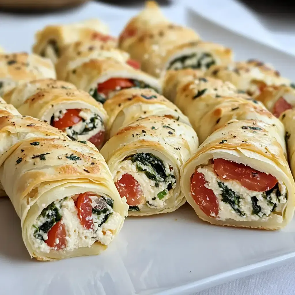Auf dem Bild sind frisch gebackene Teigrollen mit einer Füllung aus Ricotta, Spinat und Tomaten zu sehen.