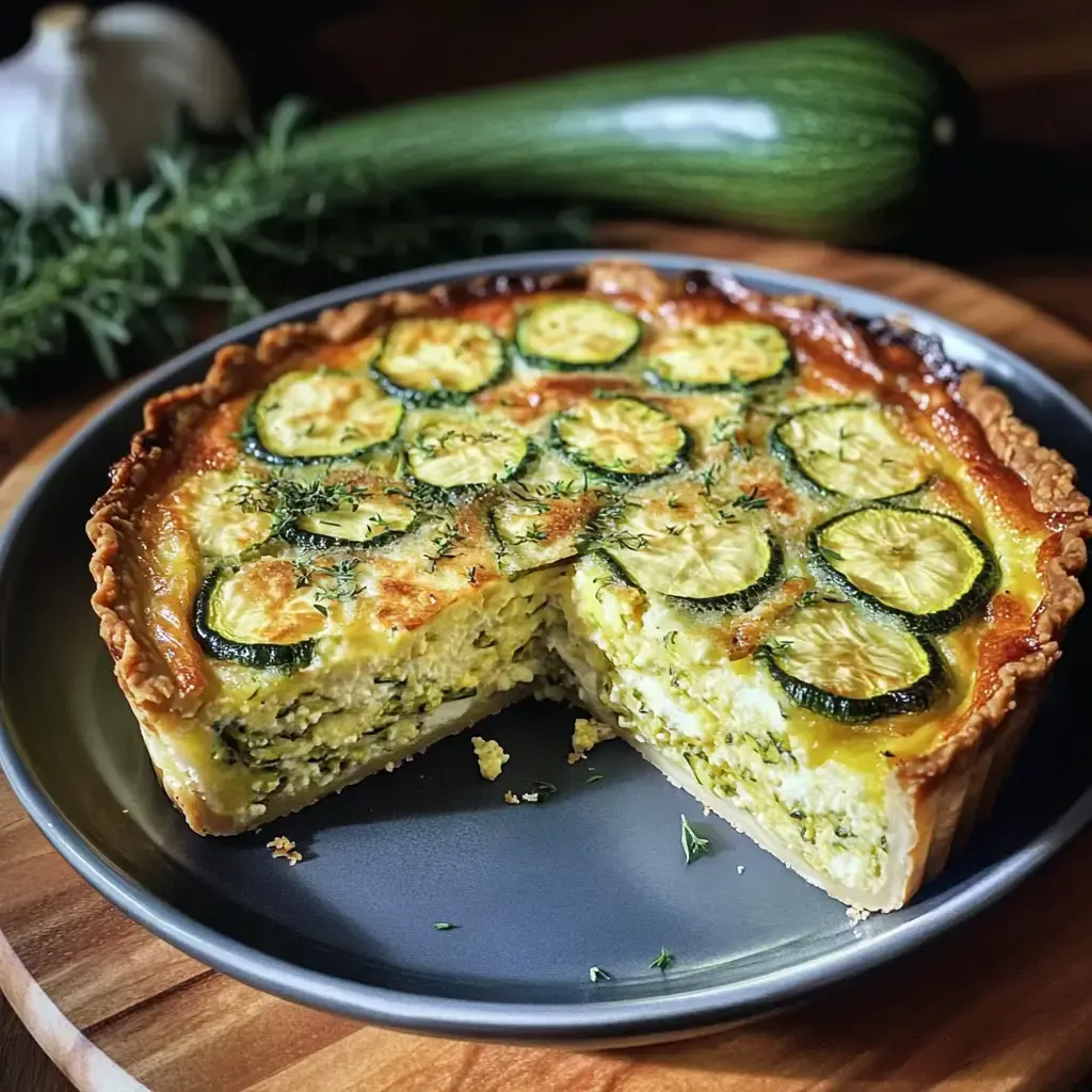 Ein auf einem Teller servierter Zucchini-Kuchen mit einer goldbraunen Kruste und frischen Zucchinischeiben auf der Oberseite.