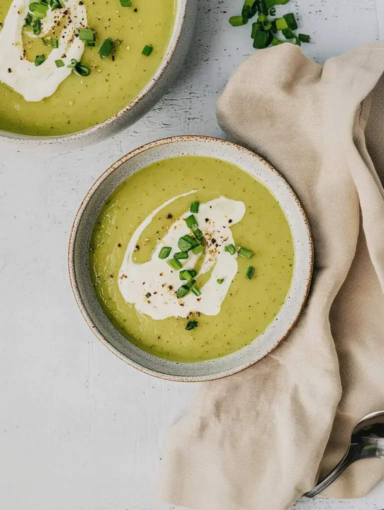 Zwei Schalen mit grüner Suppe, garniert mit saurer Sahne und frischen Schnittlauchstückchen, liegen auf einem hellen Hintergrund.