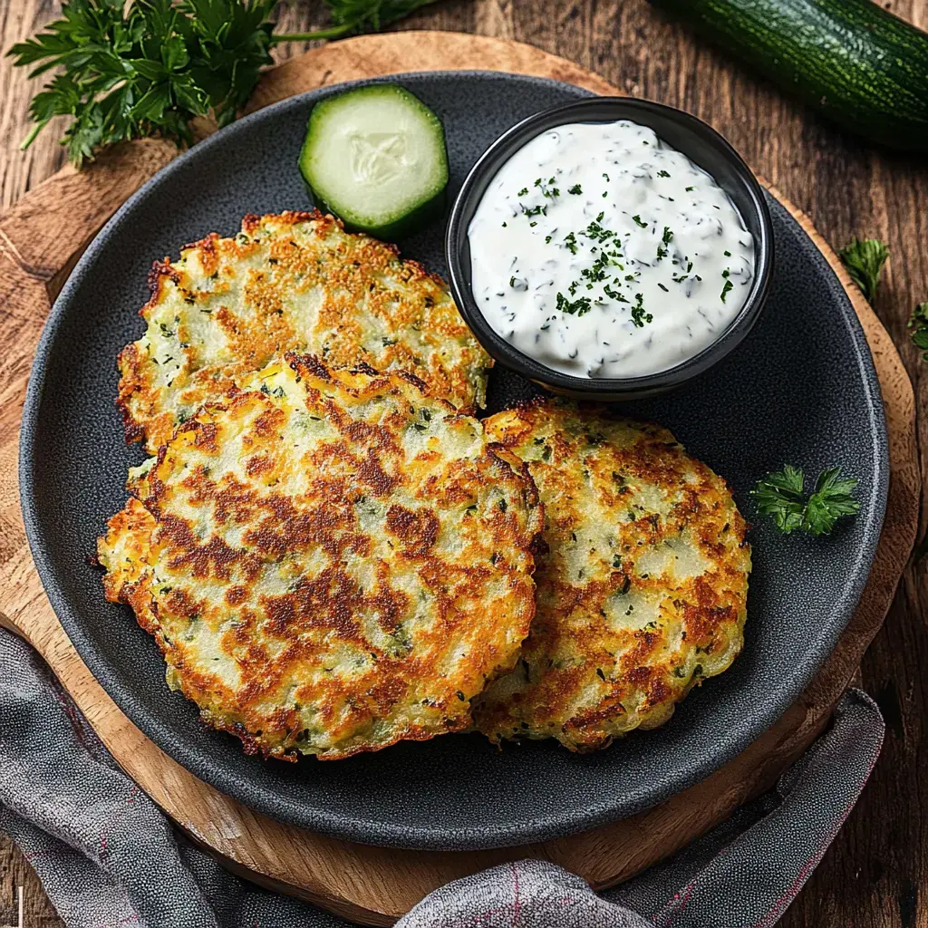 Ein Teller mit drei goldbraunen Zucchini-Puffern und einer kleinen Schale mit weißer Joghurtsauce, garniert mit einer Gurkenscheibe und frischer Petersilie.