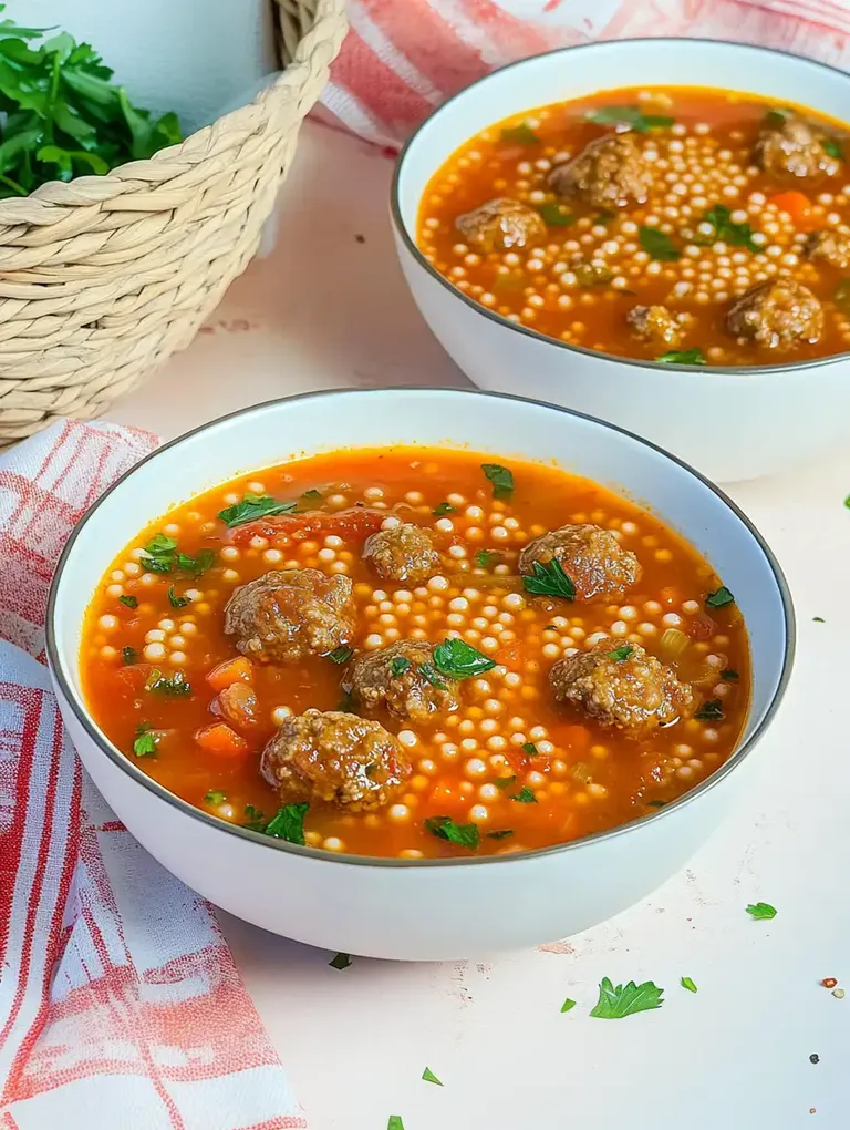 Zwei Schalen mit einer Tomatensuppe, die kleine Fleischbällchen und Perlenteig-Nudeln enthält, garniert mit frischen Kräutern.