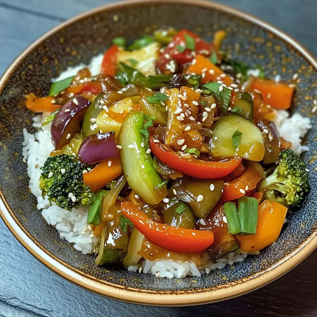 Eine Schüssel mit Reis, die mit buntem, gebratenem Gemüse wie Brokkoli, Paprika und Zucchini garniert ist.