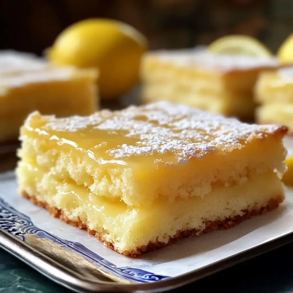 Ein Stück Zitronenkuchen mit Zuckerguss und einem frischen Zitronenstück im Hintergrund.