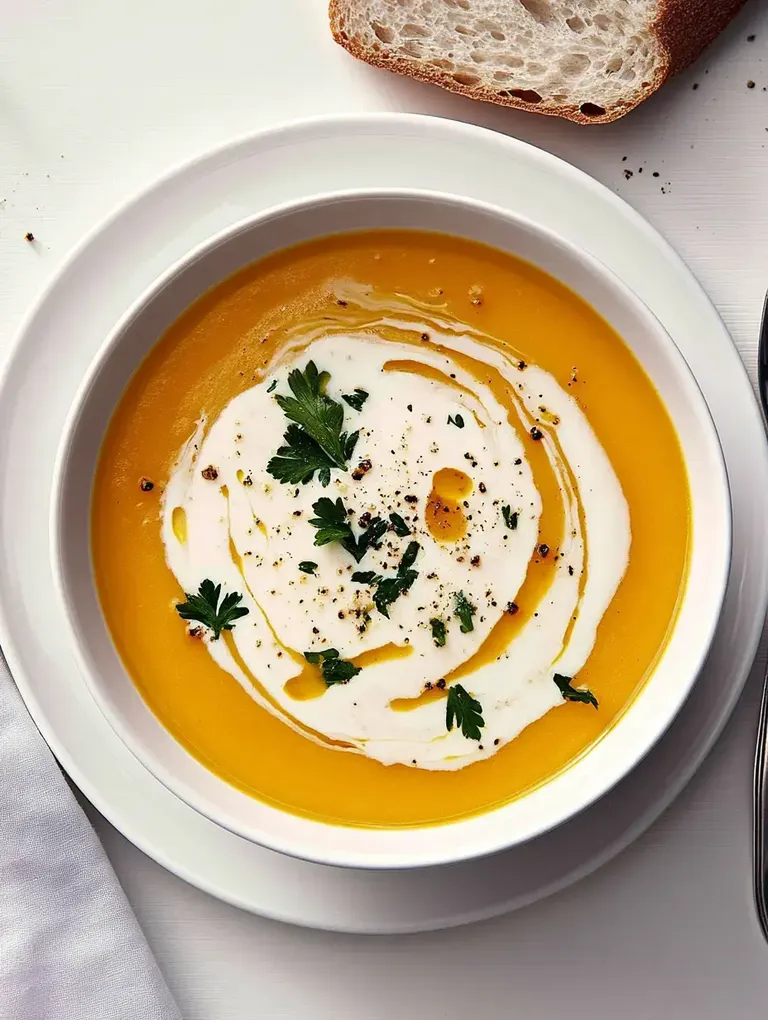 Eine Schüssel pürierte Kürbissuppe mit Sahne und frischer Petersilie, serviert mit einem Stück Brot.