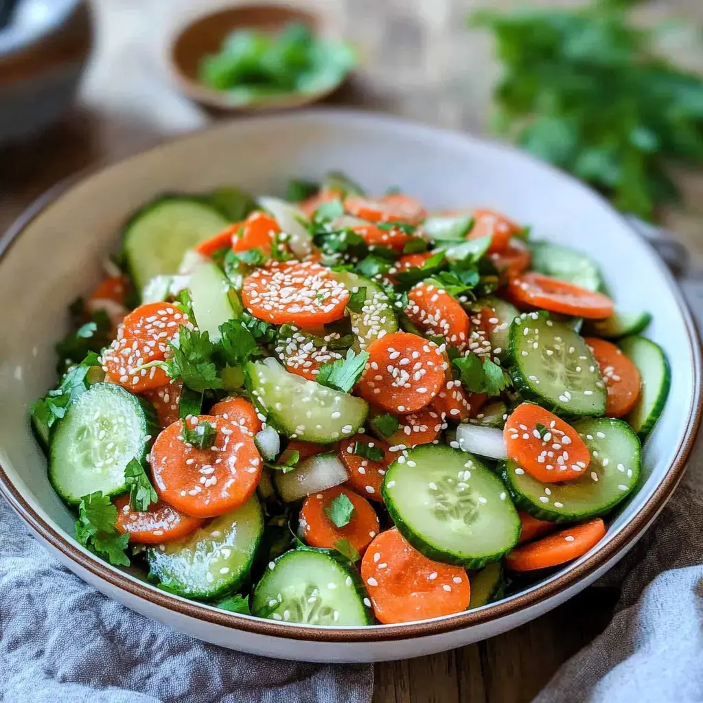Eine bunte Salatschüssel mit Gurken, Karotten, Koriander und Sesam.
