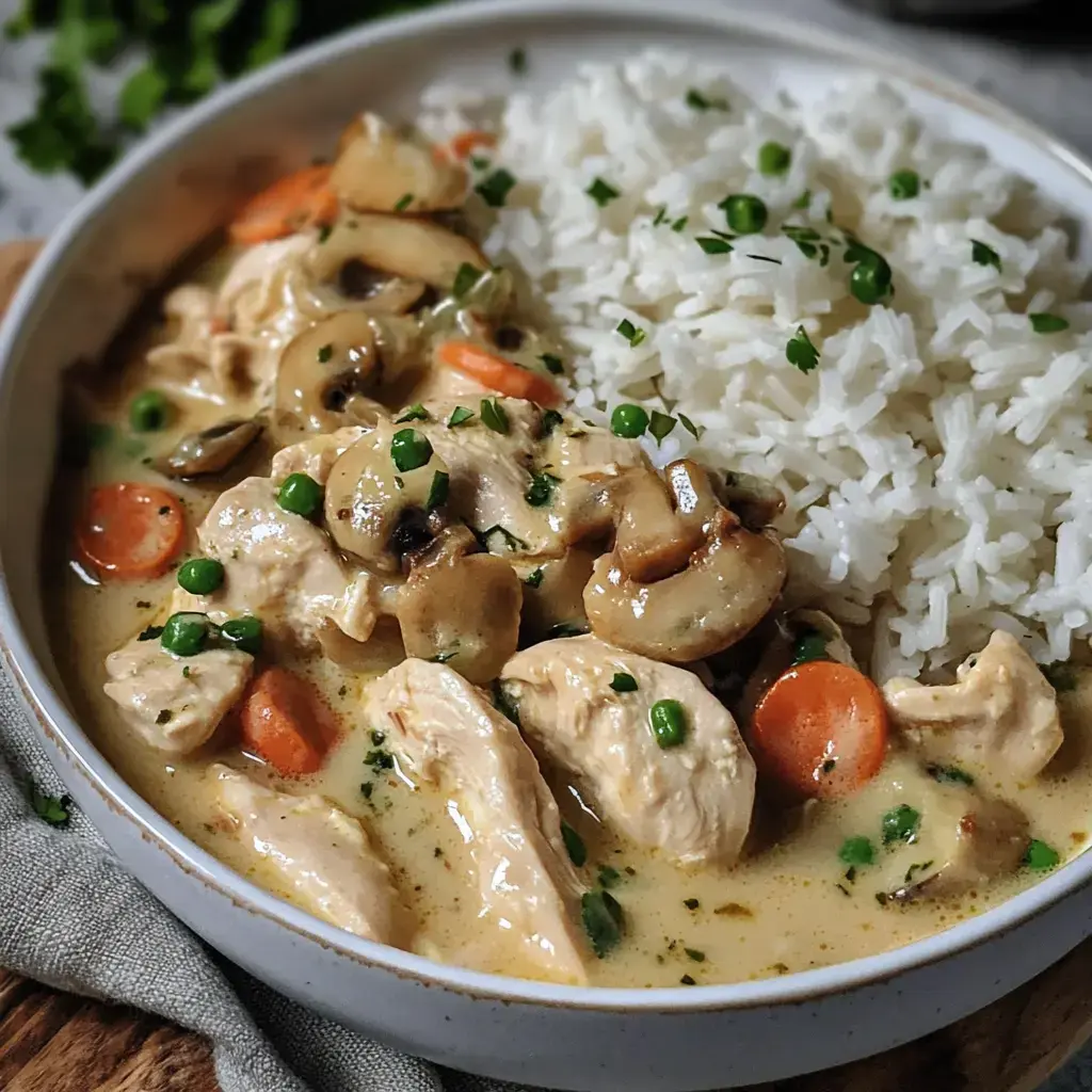 Ein Teller mit Hähnchen in einer cremigen Sauce, serviert mit Reis und garniert mit Erbsen und Karotten.