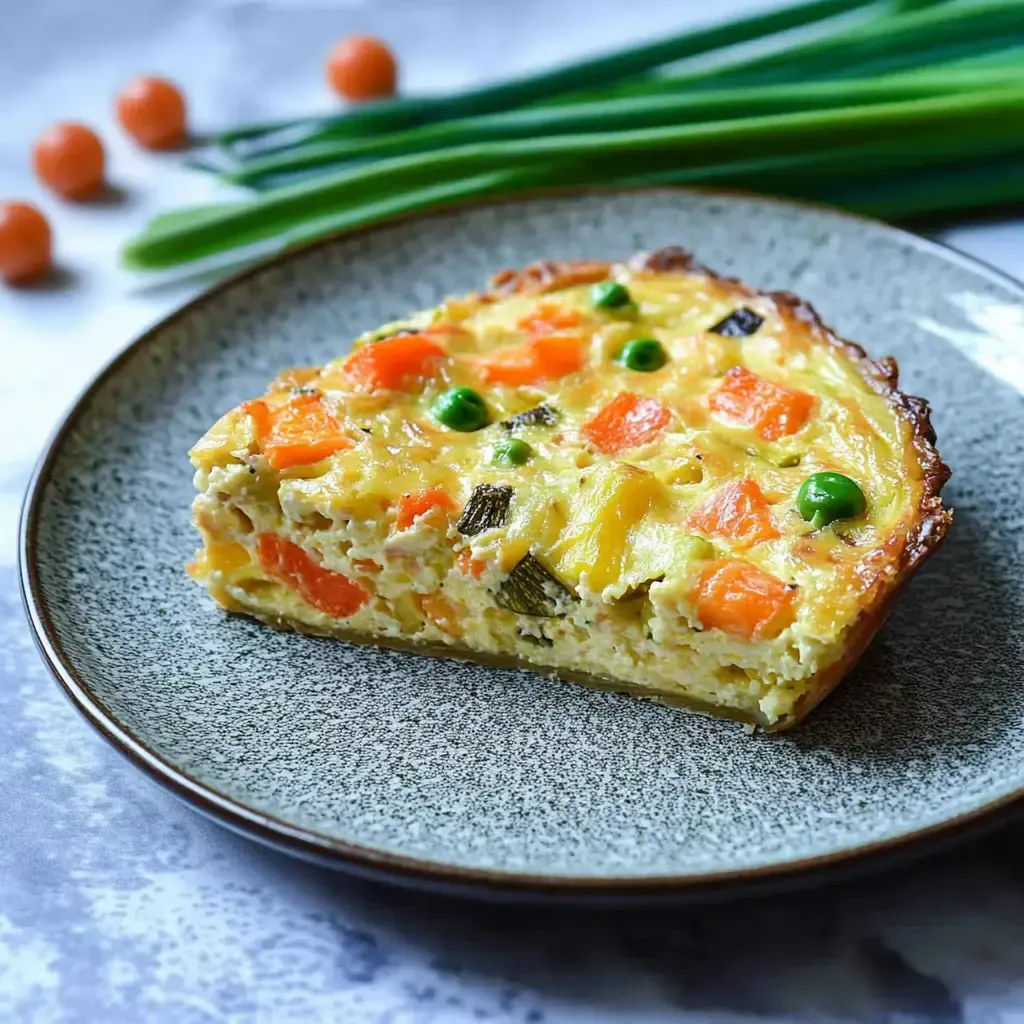 Ein Stück Gemüse-Quiche mit Karotten, Erbsen und Zucchini auf einem Teller, umgeben von Schnittlauch.