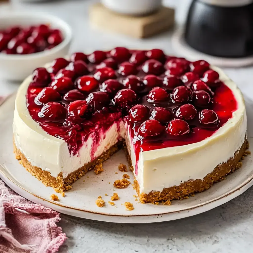 Ein Käsekuchen mit Kirschbelag und Keksboden, von dem ein Stück herausgeschnitten wurde.