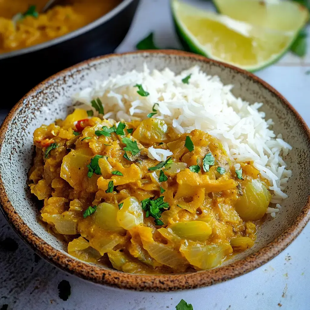 Ein Teller mit duftendem Curry und Reis, garniert mit frischem Koriander und einer Limettenscheibe im Hintergrund.