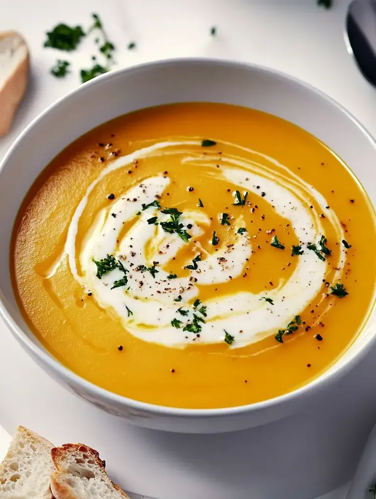 Eine cremige Kürbissuppe in einer weißen Schüssel, garniert mit Sahne, Petersilie und schwarzem Pfeffer, neben einem Stück Brot.
