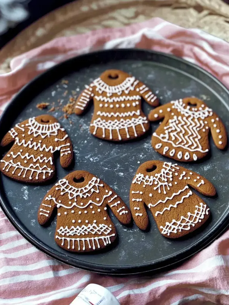 Ein Blech mit vier dekorierten Lebkuchenplätzchen in Form von Pullovern, die mit weißem Zuckerguss verziert sind.
