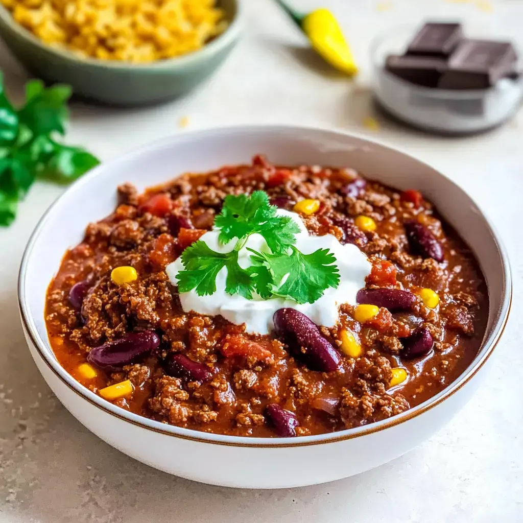 Eine Schüssel Chili con Carne mit frischer Petersilie und Sauerrahm, umgeben von Zutaten wie Corn und Kidneybohnen.