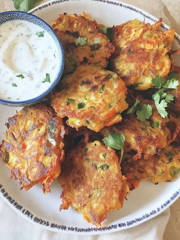 Ein Teller mit goldbraunen, frittierten Gemüsepuffer und einer kleinen Schüssel Joghurtsauce zur Seite.