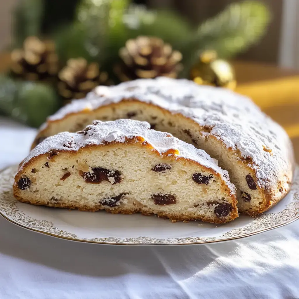 Ein frisch gebackener Stollen mit Puderzucker und getrockneten Früchten auf einem eleganten Teller, im Hintergrund Tannenzweige und Tannenzapfen.