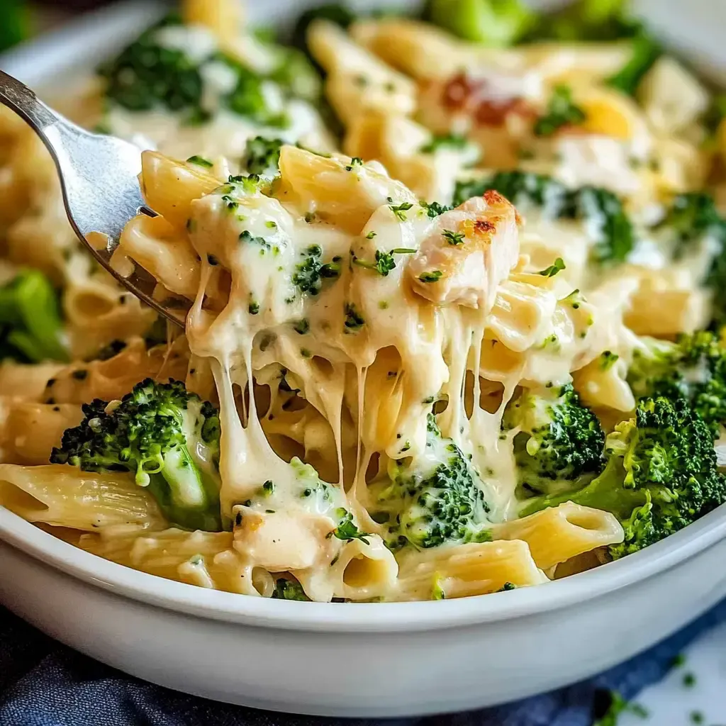 Ein Gericht mit cremigen Pasta, Brokkoli und Stückchen Hähnchen, das auf einer Gabel serviert wird.