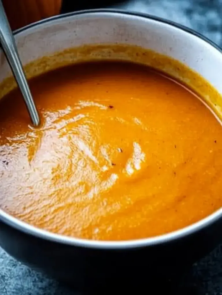 Eine schüssel mit cremiger orangener Suppe und einem Löffel.