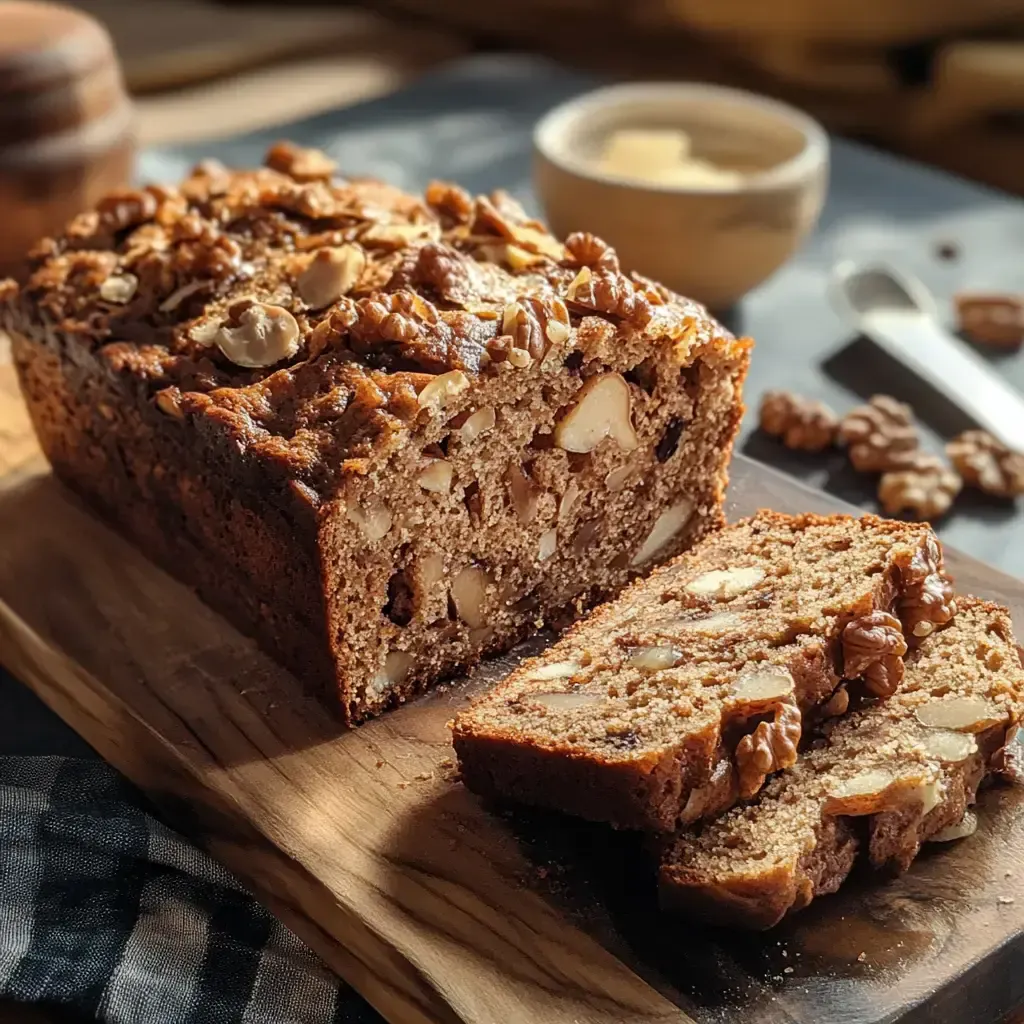 Ein frisch gebackener Nusskuchen liegt auf einem Holzbrett, von dem einige Scheiben abgeschnitten sind, während im Hintergrund eine Schüssel mit Butter zu sehen ist.