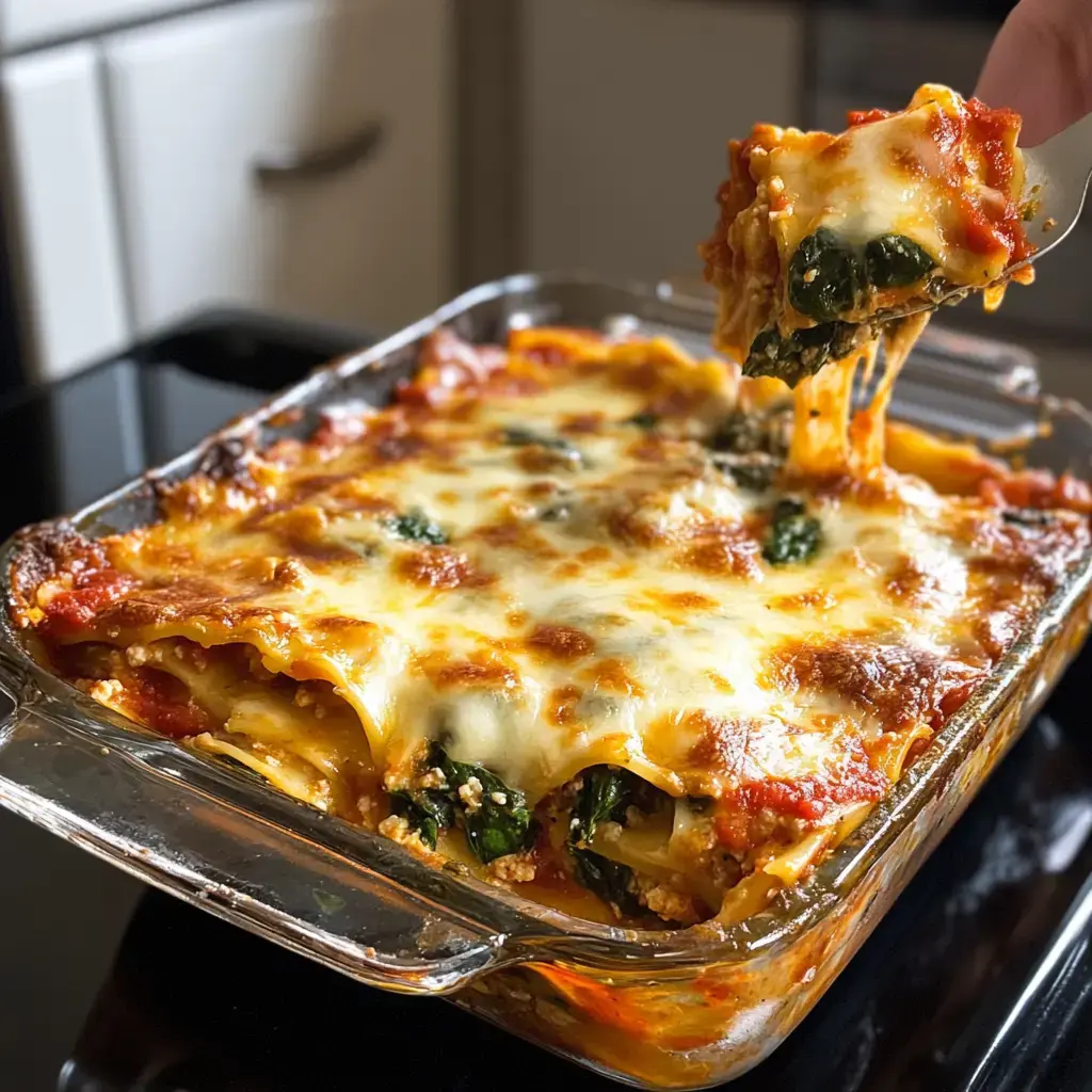 Ein Glasbehälter mit frisch gebackener Lasagne, die mit geschmolzenem Käse und Spinat gefüllt ist.