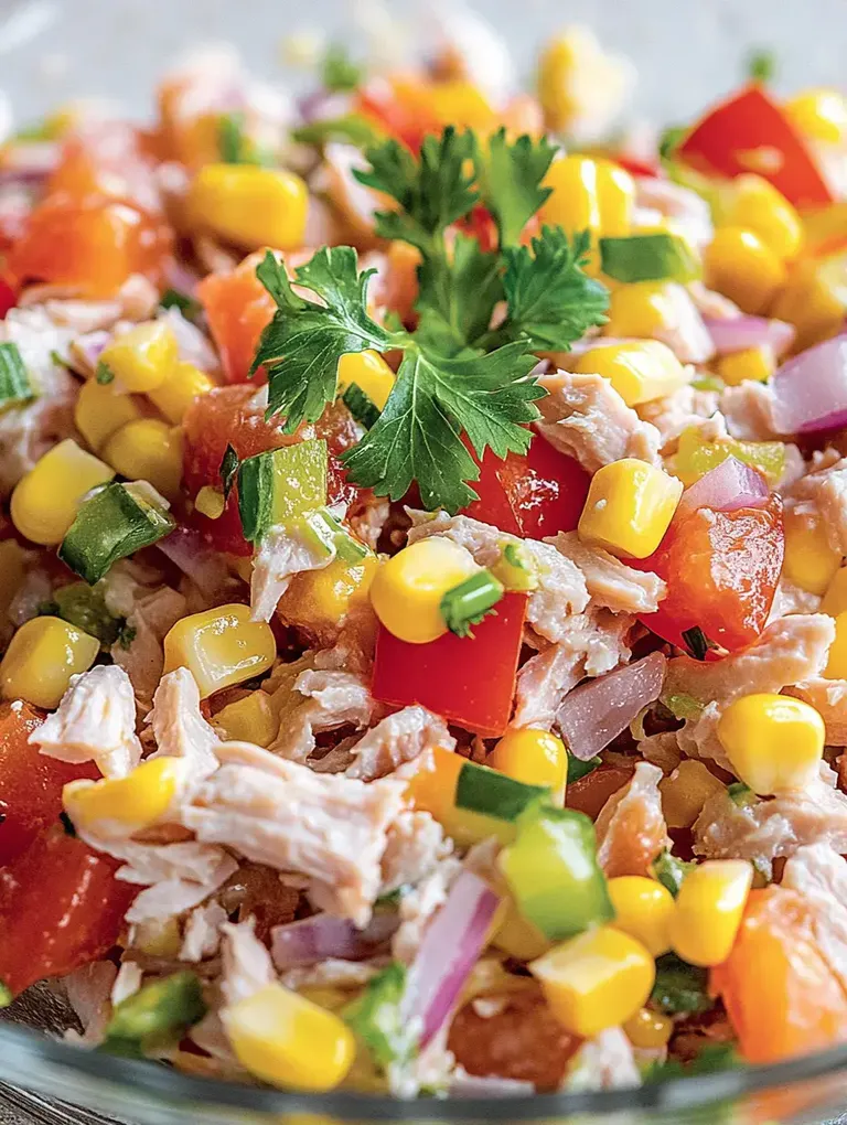 Eine bunte Mischung aus Hühnerfleisch, Mais, Tomaten, Paprika und Zwiebeln, garniert mit frischem Koriander.